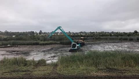 Excavator digging in muddy water