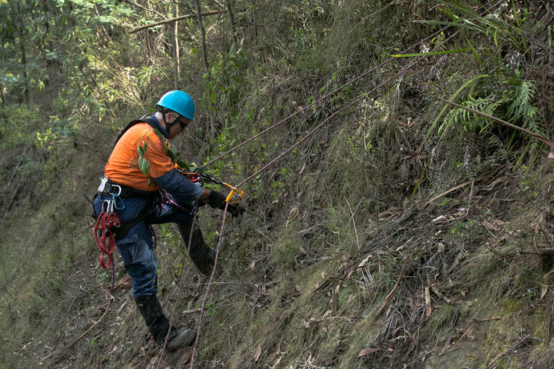 Man rappels down hillside