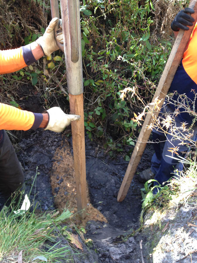 Workers installing post in ground