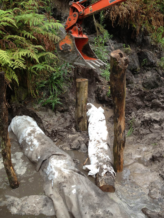 Excavator removing large logs