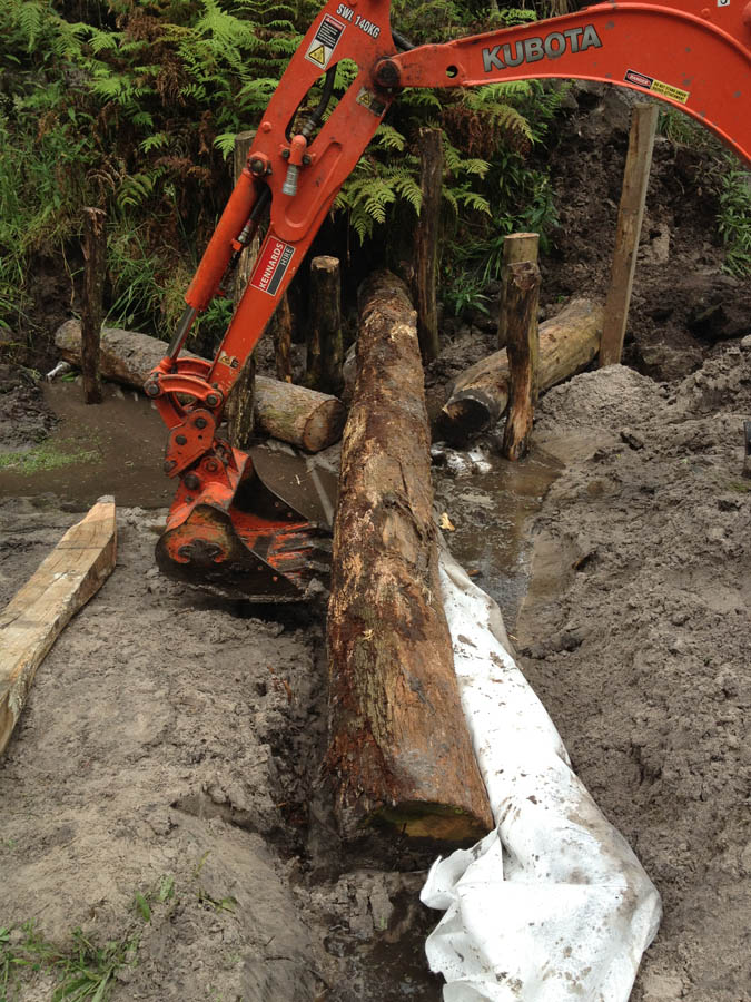 Excavator moving large log