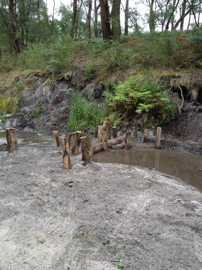 Wooden posts in muddy creek