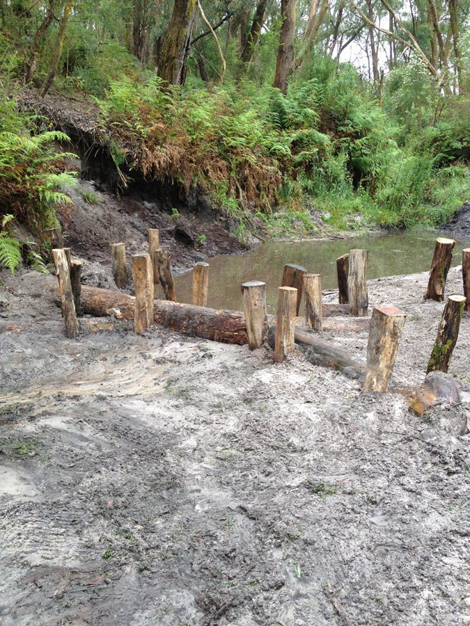 Wooden posts in muddy stream