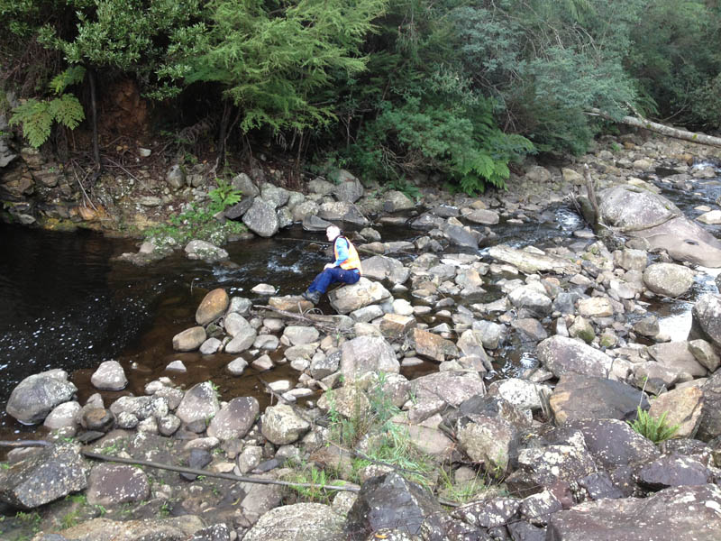 Person sitting on rocks stream