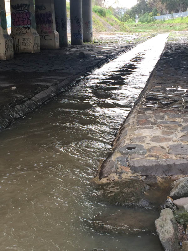 Water flowing under bridge