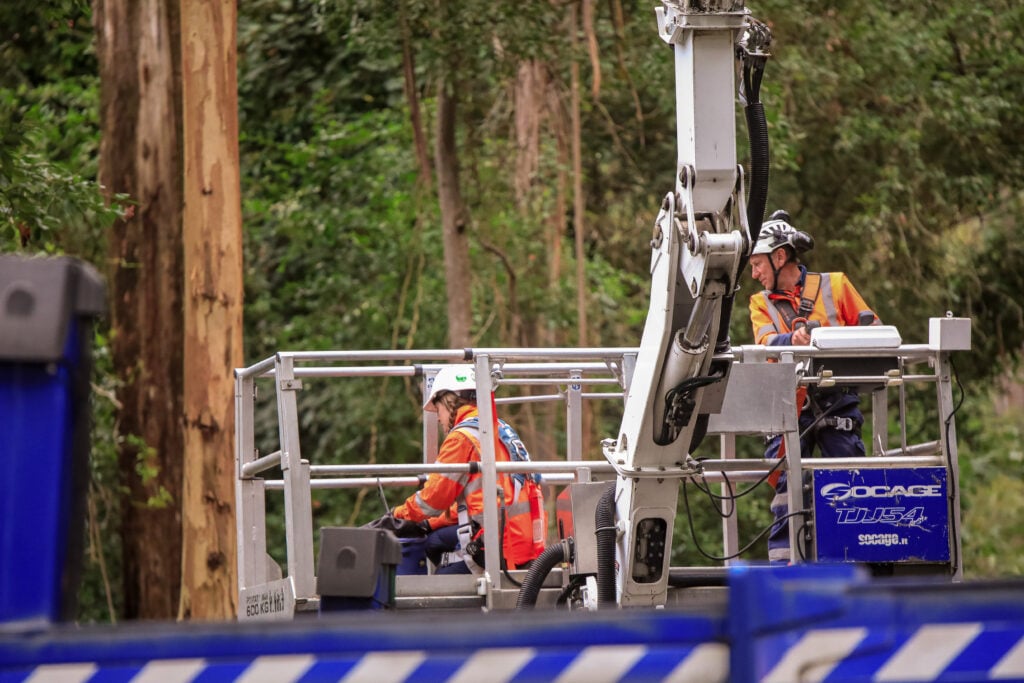 Utility workers in boom lift
