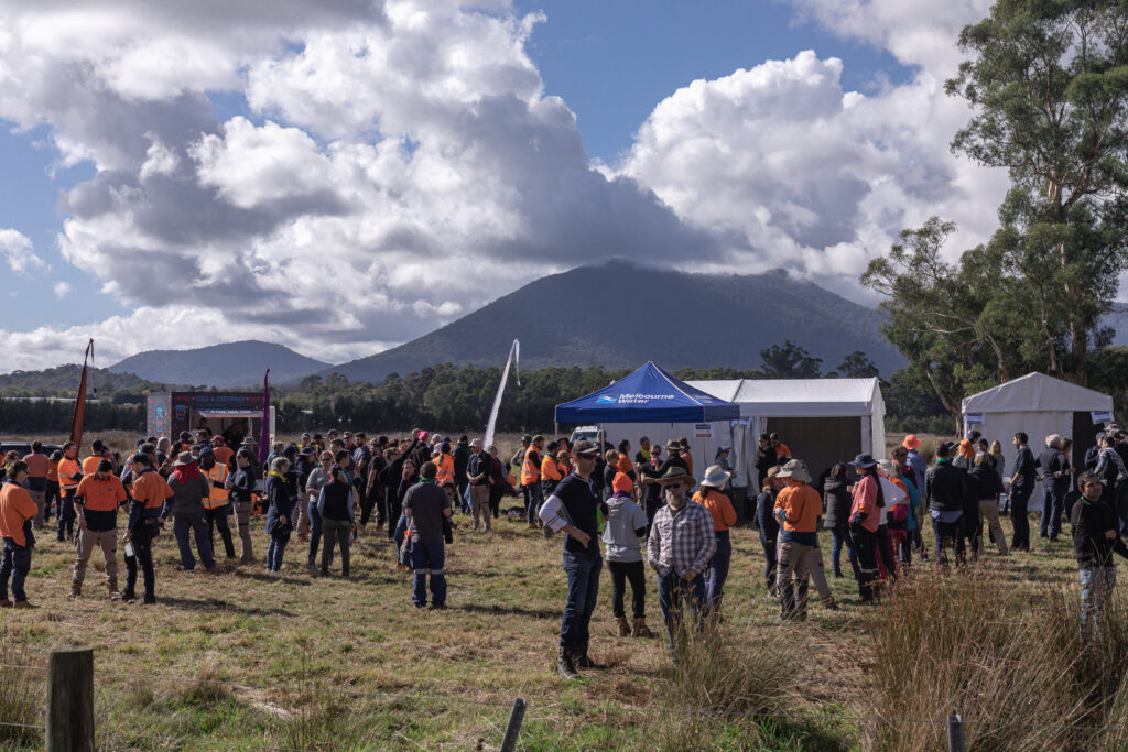 Outdoor gathering with mountains