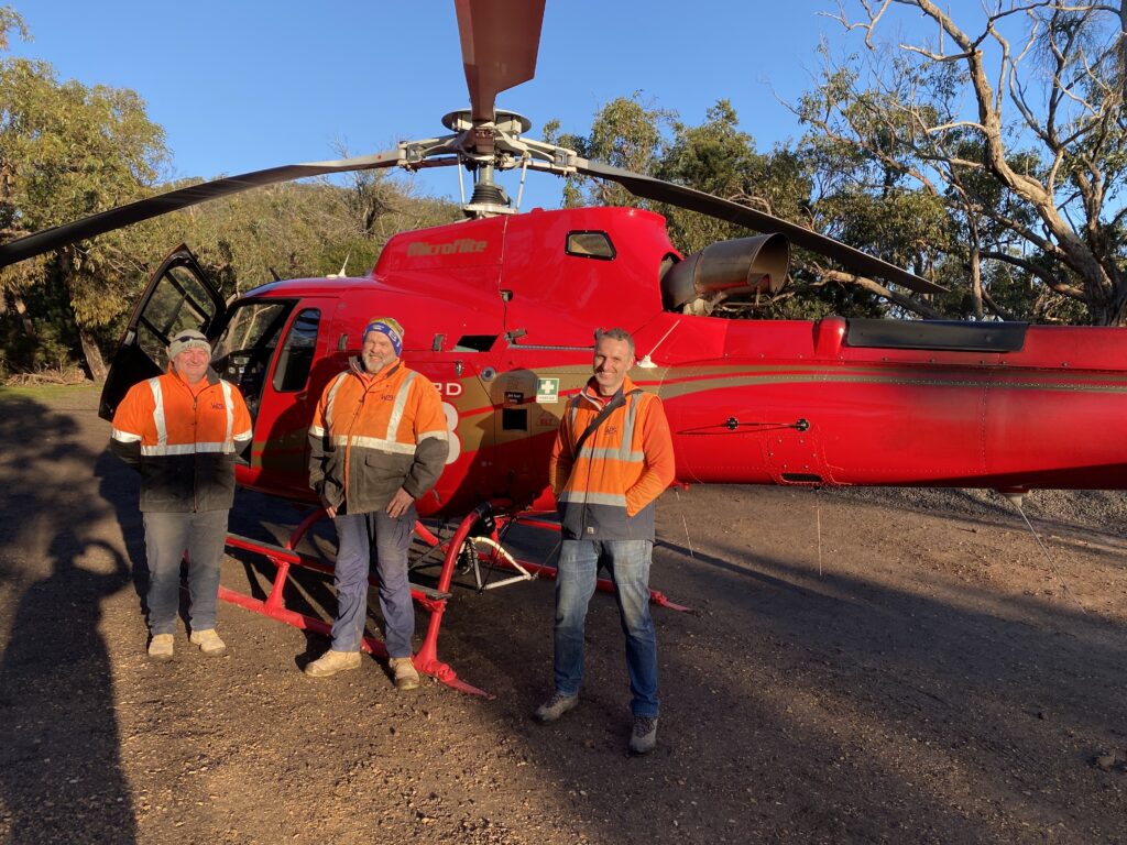 Three people with helicopter