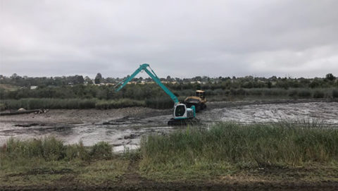 Excavator digging in muddy water